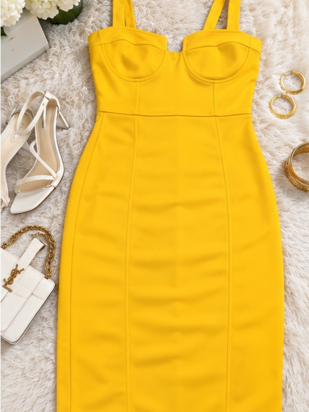 Yellow Bustier Midi Dress with Sweetheart Neckline